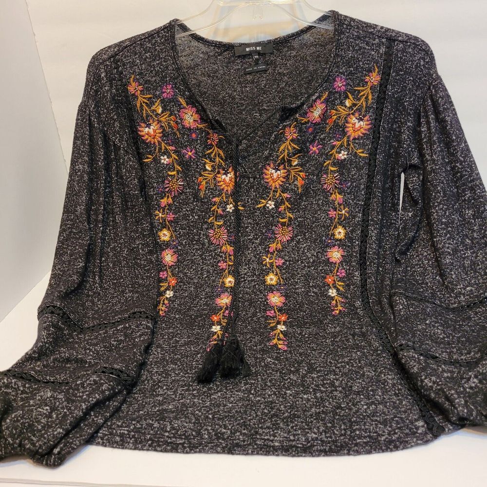 Miss Me Top Women XS Black Marled Excellent Embroidered Beaded Tassel Boho